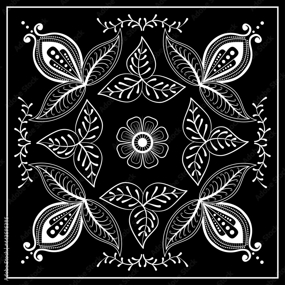 Fototapeta premium Black and white abstract bandana print with element henna style. Square pattern design for pillow, carpet, rug. Design for silk neck scarf, kerchief, hanky