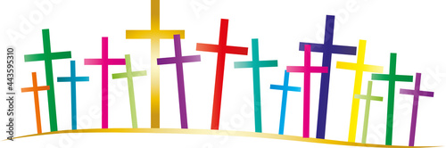 Banner mit Kreuzen als Symbol der Christentums, Einladung zur Konfirmation und Firmung, an Gott glauben und religiös sein