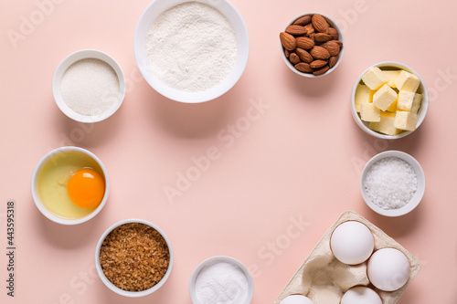 Baking or cooking background. Ingredients, kitchen items for baking