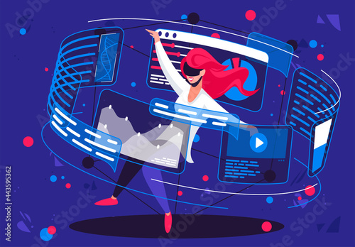 Vector illustration of a girl in virtual reality glasses in the air, clouds with projection graphical analysis around