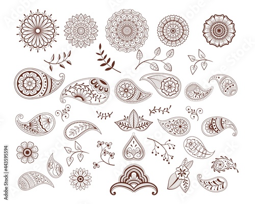 Decorative hand drawn element henna style collection.Flowers and paisley set for your design, tattoo. Henna-mehndi doodles design