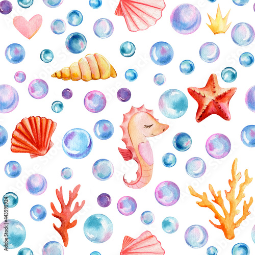 Seamless pattern, sea background with seahorse, bubbles, seashells, corrals and starfish, watercolor drawing