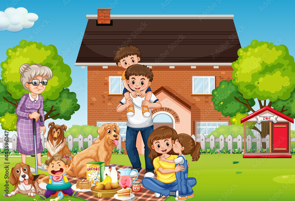 Happy family standing outside home with their pets Happy family standing outside home with their pets