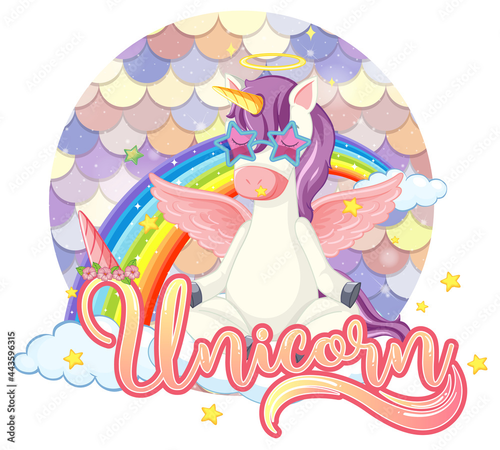 Naklejka premium Unicorn cartoon character on pastel scales background isolated