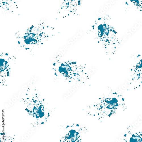 Abstract seamless pattern with blue spots of paint on a white background. Use in textiles, clothing, fabric, wallpaper, design, baby backgrounds, wrapping paper. Vector.