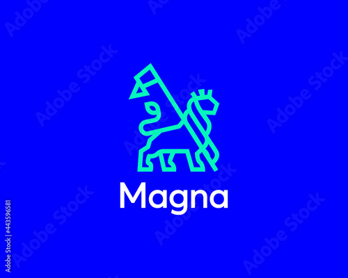 Lion with a flag logo design template. Premium king, power, grandeur vector sign symbol mark logotype.