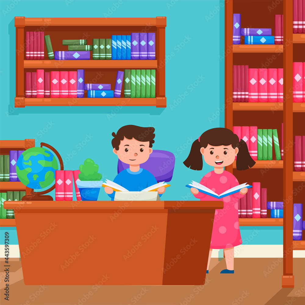 Library flat orthogonal composition with librarian assisting reader at the service desk in front of bookshelves vector illustration