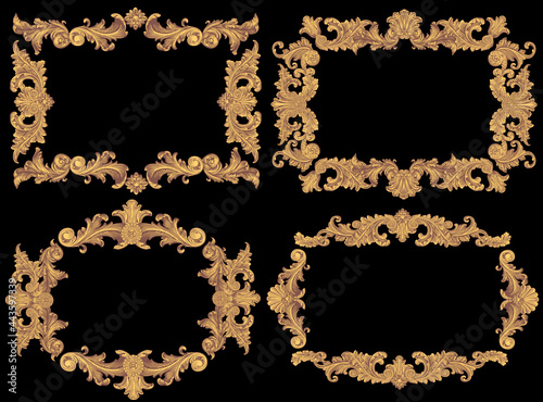 Vintage decorative ornamental gold frames. Design set. Editable hand drawn illustration. Vector engraving. Isolated on black background. 8 EPS