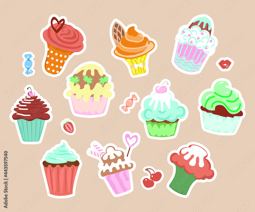Set of funny cupcakes stickers for scrapbook. Set of funny cupcakes stickers for scrapbook.