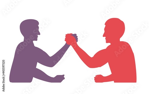 Two man's silhouette strugling armrestling sport, vector photo