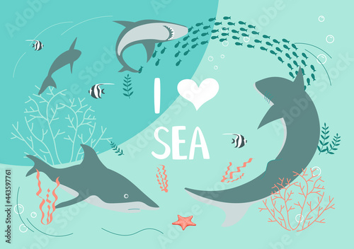 Underwater scene with a flock of sharks on aquamarine background
