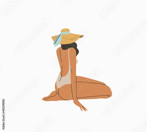 Hand drawn vector abstract stock graphic summer time cartoon,minimalistic style illustrations print with bohemian beautiful girl in hat sunbathes and sitting on the beach,isolated on white background