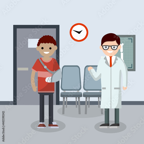 Man with broken arm in cast in hospital room. Cartoon flat illustration. The provision of medical care by doctor. Hall, seat and door. Guy and x-ray bone of hand