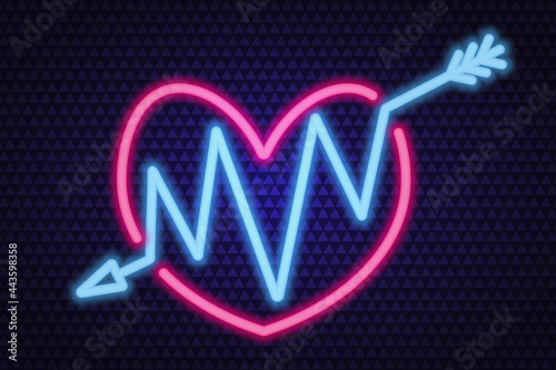 An arrow pierces the heart. Neon glow. Colored vector illustration. Isolated background of purple triangles. Valentines Day. Accurate shot. Zigzag needle. Lovers symbol. A wounded heart. 