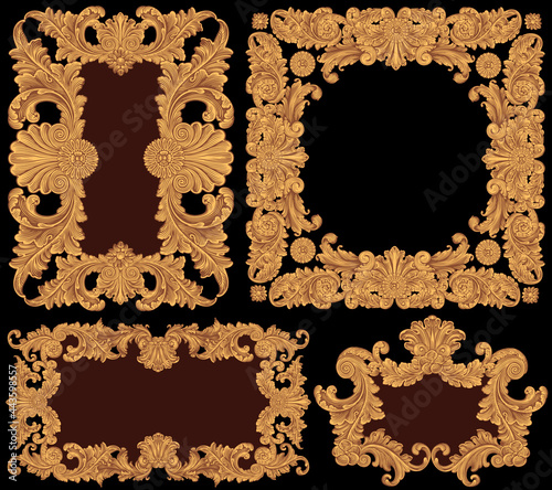 Vintage decorative ornamental gold frames. Design set. Editable hand drawn illustration. Vector engraving. Isolated on black background. 8 EPS