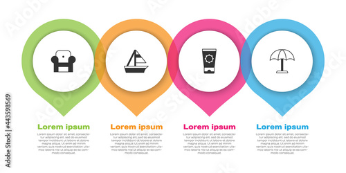Set Armchair, Yacht sailboat, Sunscreen cream in tube and protective umbrella. Business infographic template. Vector