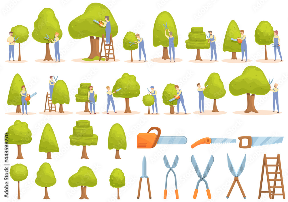 Tree trimming icons set cartoon vector. Tree chainsaw. Tree trimming work