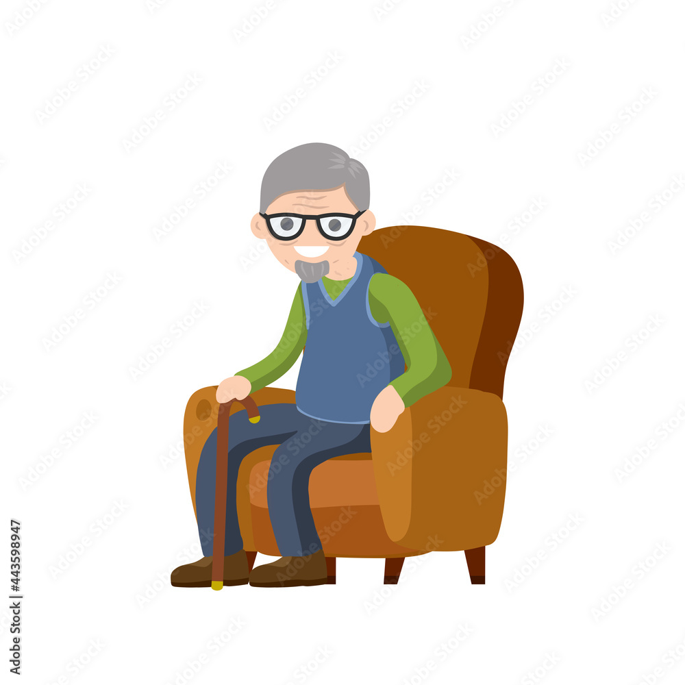 Old man is sitting in soft armchair. Rest and senior with a cane. Brown furniture and room element. Cartoon flat illustration. Cute Grandfather