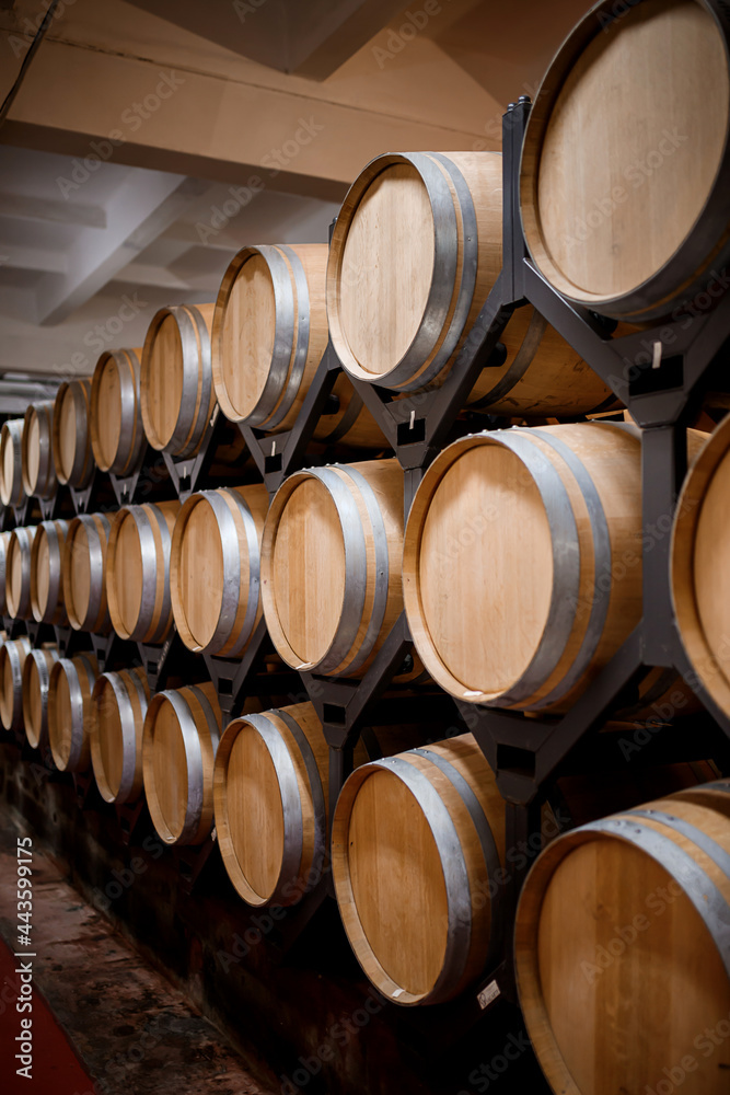 Old aged traditional wooden barrels with wine in a vault lined up in cool and dark cellar in Italy, Porto, Portugal, France Old aged traditional wooden barrels with wine in a vault lined up in cool and dark cellar in Italy, Porto, Portugal, France