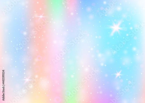 Fairy background with rainbow mesh. Multicolor universe banner in princess colors. Fantasy gradient backdrop with hologram. Holographic fairy background with magic sparkles, stars and blurs.