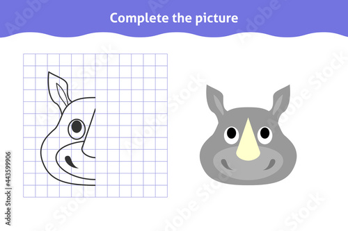 Complete the picture. Educational game, reflection image for toddlers. Symmetrical worksheet with rhino face for kindergarten and preschool. Children pastime, traning for visual perception