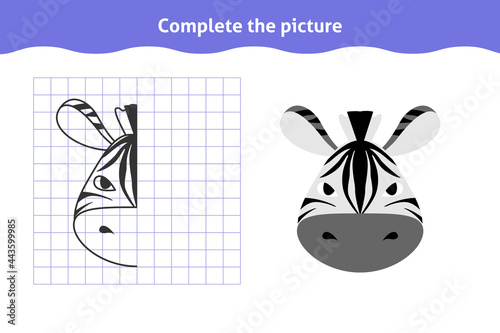 Complete the picture. Educational game, reflection image for toddlers. Symmetrical worksheet with zebra face for kindergarten and preschool. Children pastime, traning for visual perception