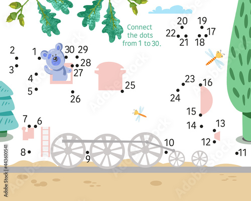 Cute bear travels, rides a train. Connect dots from 1 to 30. Game for children. Vector illustration.