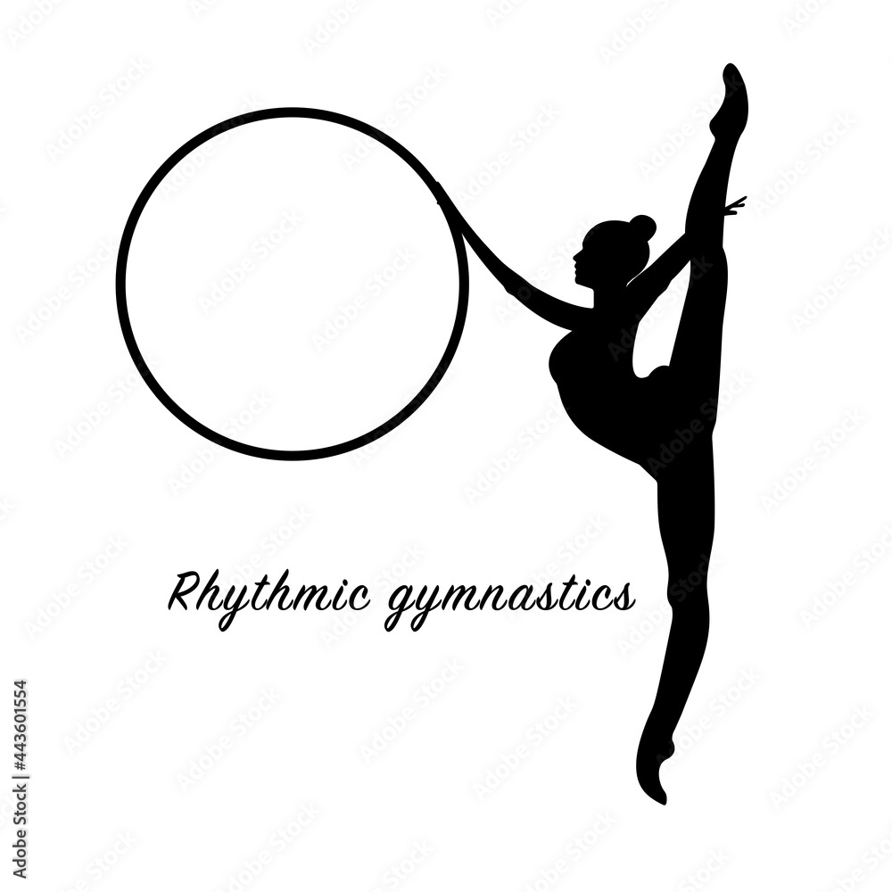 black logo vector silhouette rhythmic rythmic gymnastics girl with hoop and  text Stock Vector