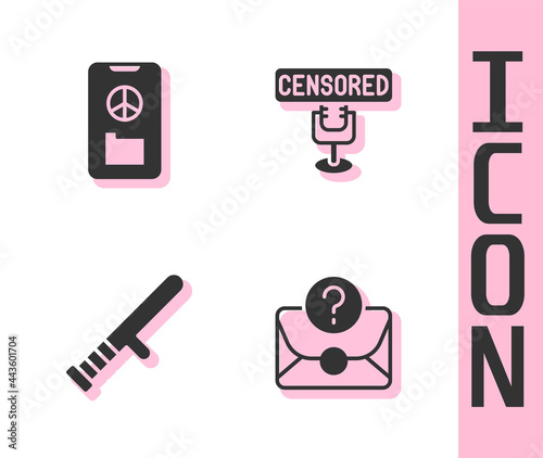 Set Envelope with question mark, Peace, Police rubber baton and Censored stamp icon. Vector