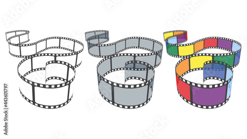 Vector set of blank cinema film strip frames in different colors. Collection of multicolor film strip for camera or projector isolated on white background. Art design template for cinema festival.
