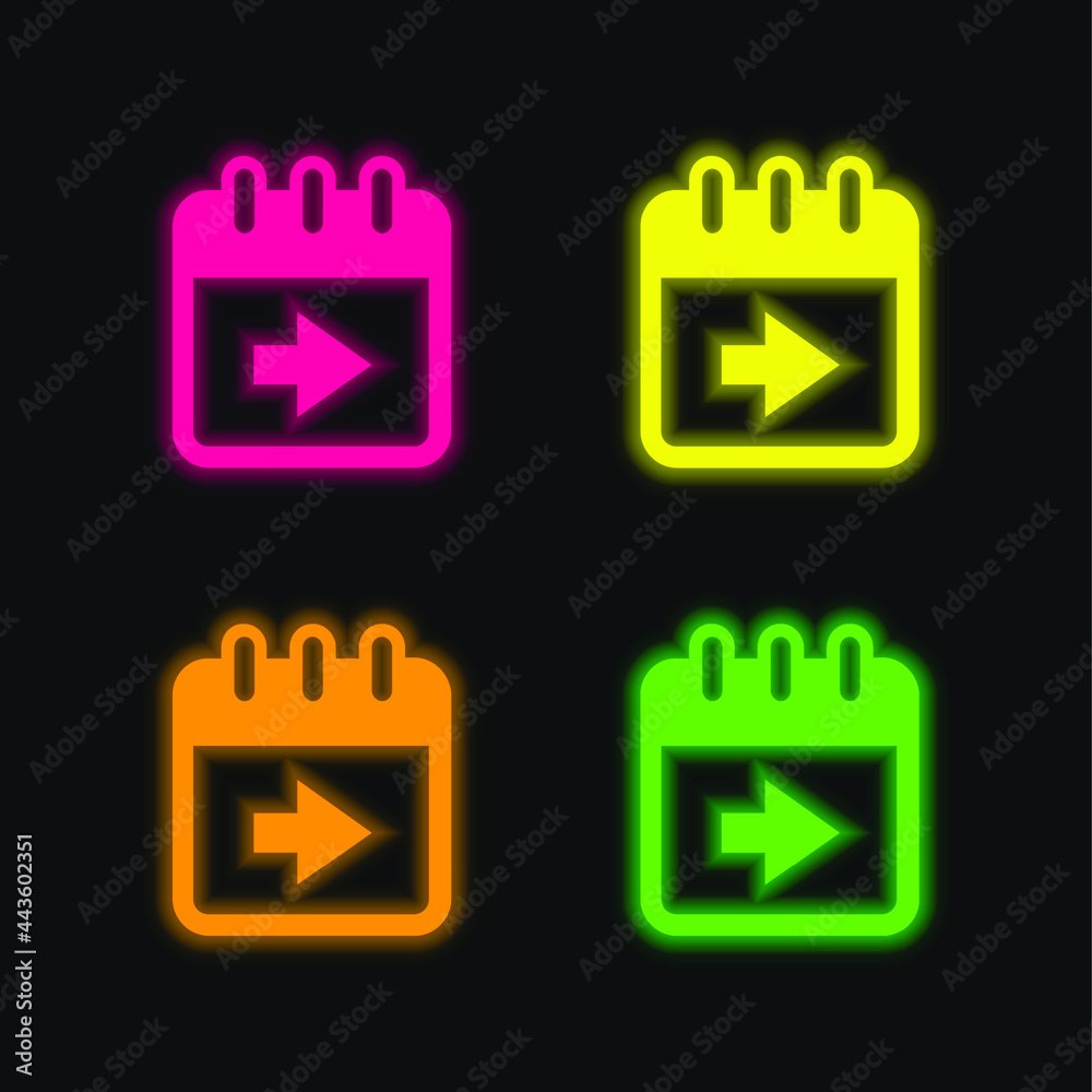 Advance Calendar Page Button With Right Arrow four color glowing neon vector icon Advance Calendar Page Button With Right Arrow four color glowing neon vector icon