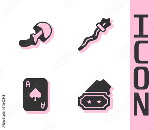 Set Ticket, Psilocybin mushroom, Playing cards and Magic staff icon. Vector
