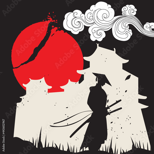 Samurai warrior and castle silhouette. Japan theme wallpaper cartoon vector illustration photo