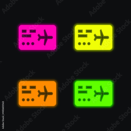 Boarding Pass four color glowing neon vector icon