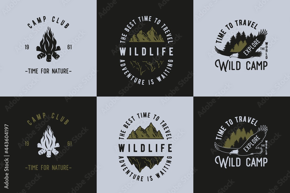 Obraz premium Camping for forest travel print. Timber hiking and expedition for traveler and tourist. Graphic design for outdoor adventure. Sport activity