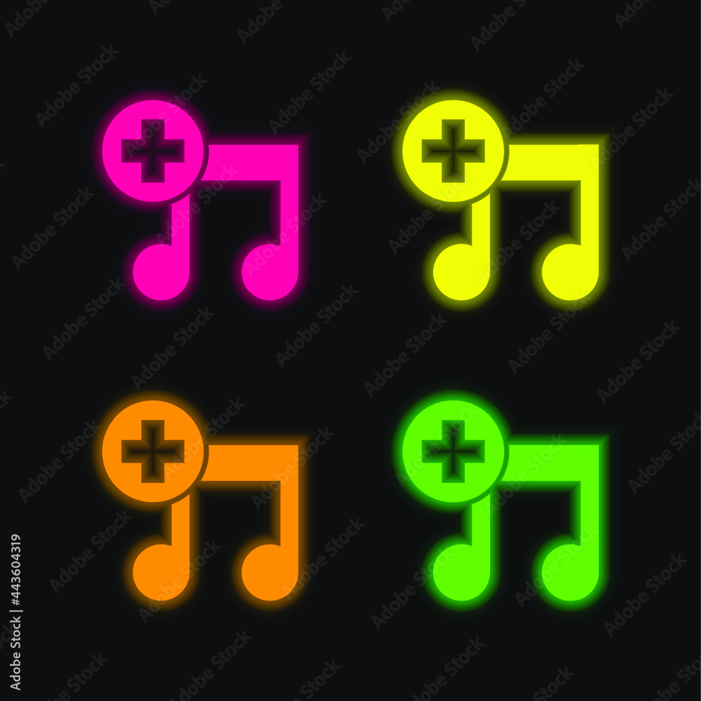 Add Song Interface Symbol four color glowing neon vector icon Add Song Interface Symbol four color glowing neon vector icon