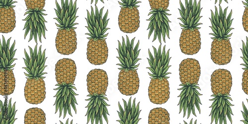 Seamless pattern. Summer pineapple fresh exotic juicy fruit. Tropical nature ananas and organic for food bar