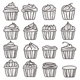 doodle cupcakes icon set outline. line style. Vector illustration.