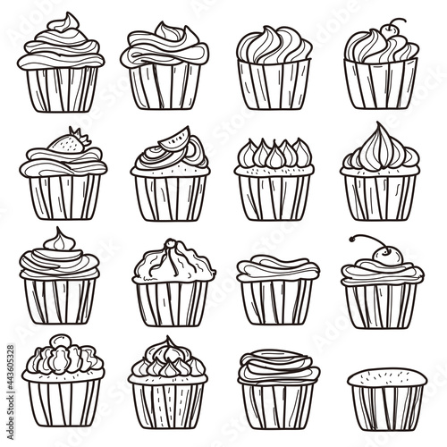 doodle cupcakes icon set outline. line style. Vector illustration.