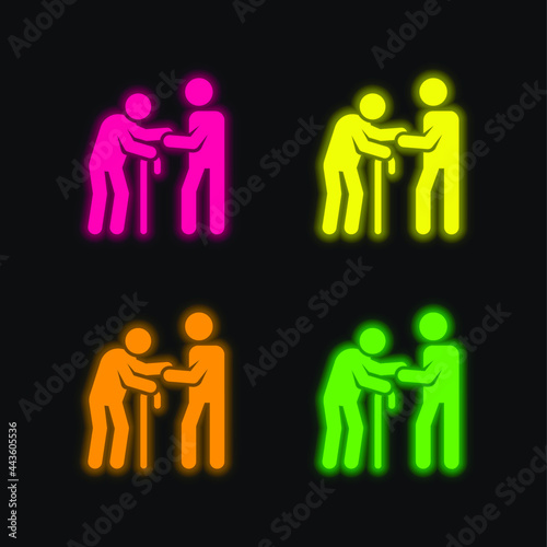 Assistance four color glowing neon vector icon