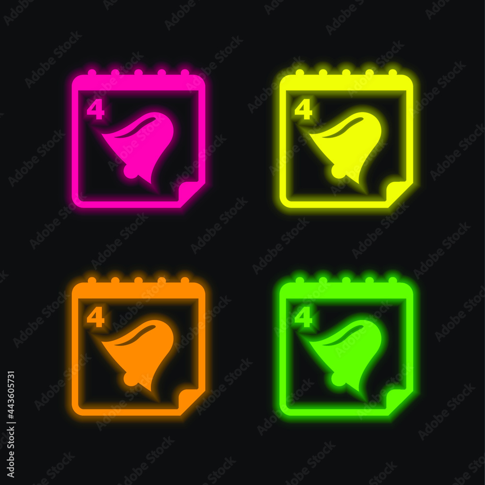 Bell On Calendar Page Of Day 4 four color glowing neon vector icon Bell On Calendar Page Of Day 4 four color glowing neon vector icon