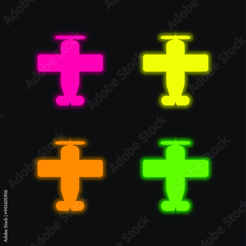 Airplane With One Helix four color glowing neon vector icon