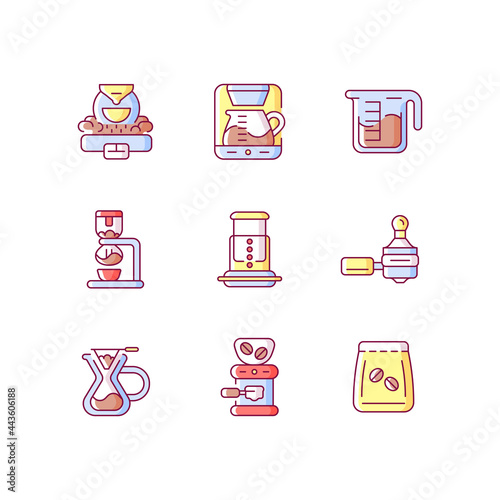 Coffee shop appliance RGB color icons set. Professional roaster for processing beans. Espresso machine for cafe. Isolated vector illustrations. Espresso making simple filled line drawings collection