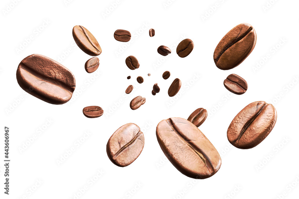 Coffee beans flying on a white background, 3d rendering. Coffee beans flying on a white background, 3d rendering.