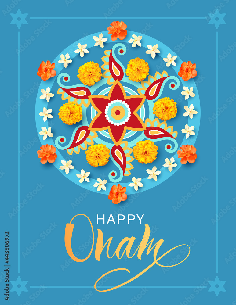 Happy Onam background with pookolam (floral ornament) and lettering for  South India festival. Vector illustration. Stock Vector | Adobe Stock