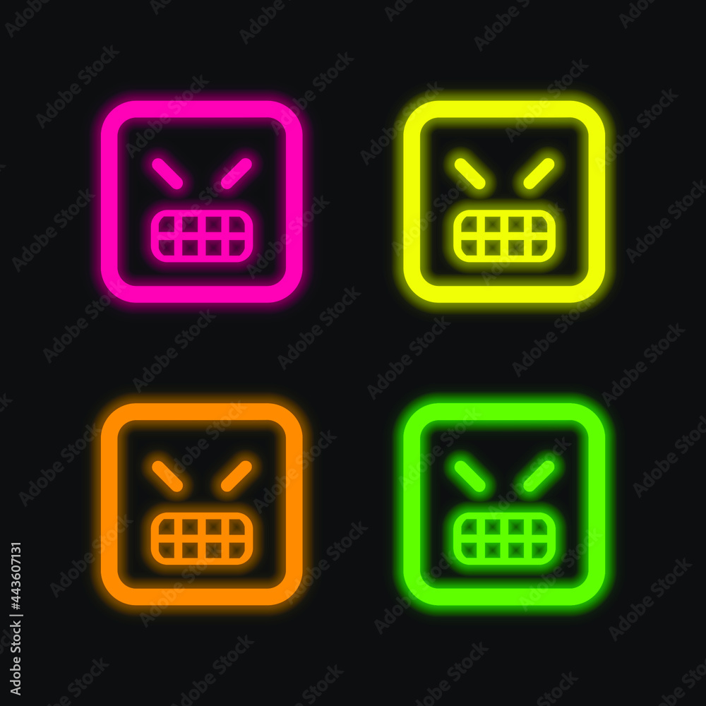 Angry Emoticon Square Face four color glowing neon vector icon Angry Emoticon Square Face four color glowing neon vector icon