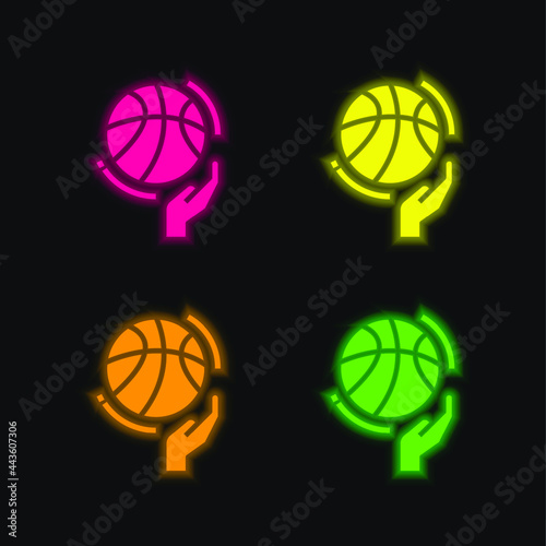 Basketball four color glowing neon vector icon