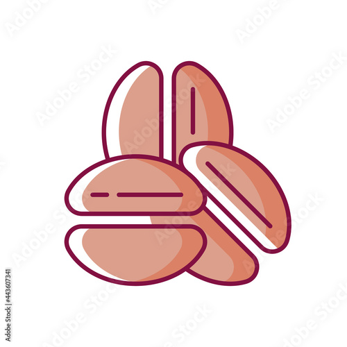 Coffee beans RGB color icon. Roasted seeds for espresso preparation. Processed arabica and robusta for coffee shops. Isolated vector illustration. Barista accessories simple filled line drawing