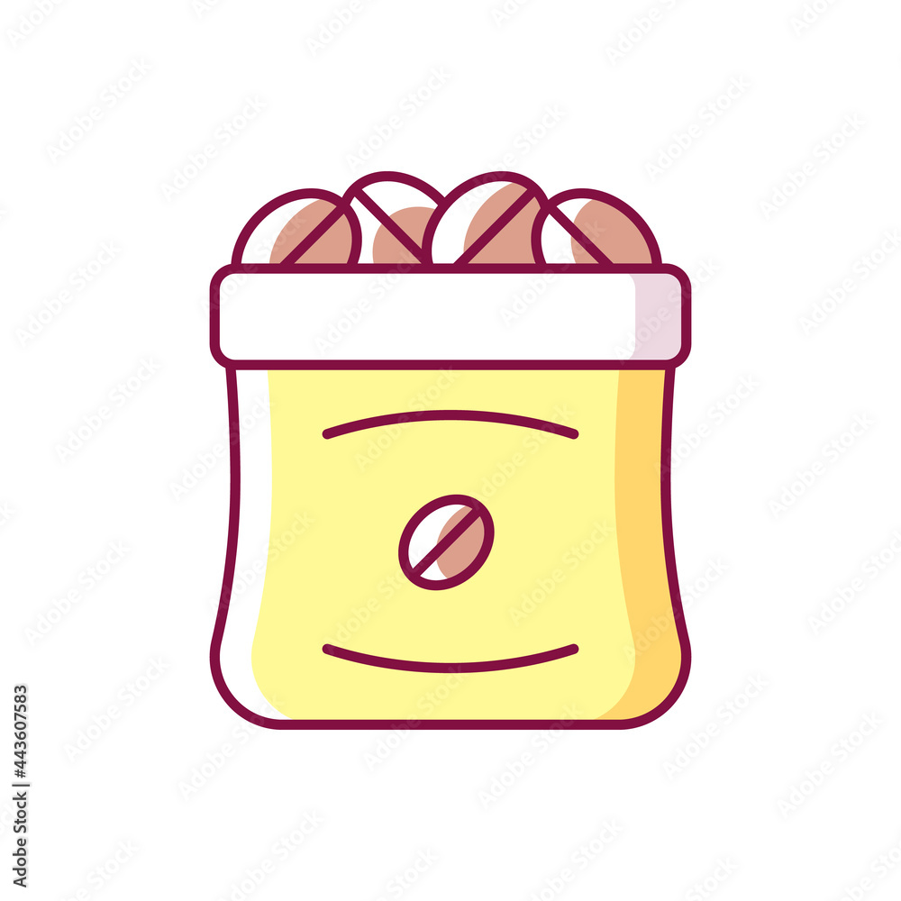 Coffee sacks RGB color icon. Roasted beans in bag for commercial production. Product for espresso preparation. Isolated vector illustration. Barista accessories simple filled line drawing Coffee sacks RGB color icon. Roasted beans in bag for commercial production. Product for espresso preparation. Isolated vector illustration. Barista accessories simple filled line drawing