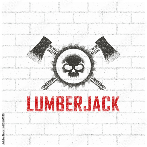 Color illustration of a skull, saw, crossed axes and text on a background with a brick wall. Design element for print, emblem, sticker, label. Lumberjack symbol.